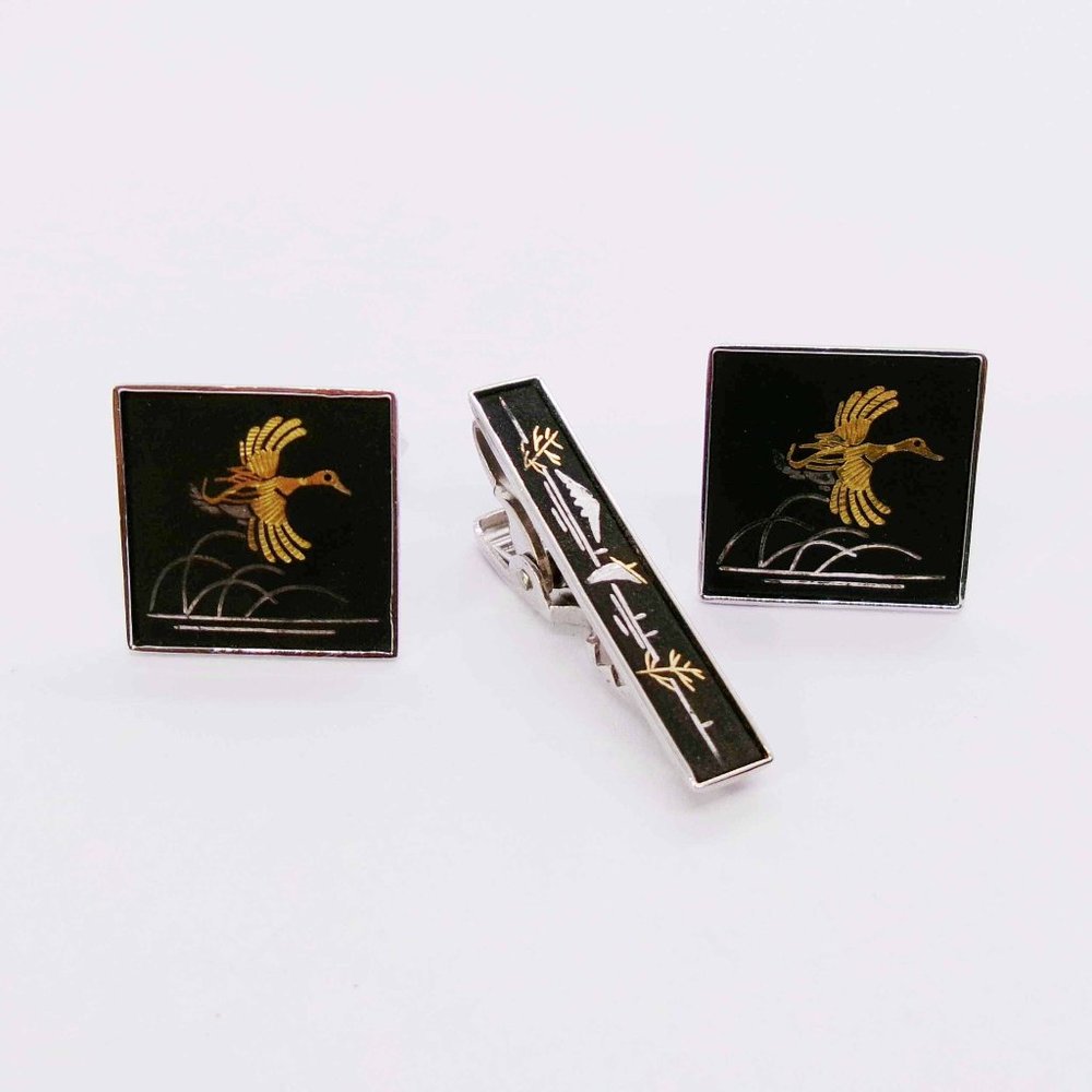 Vintage Cuff Links Tie Clip Set Amita Mallard Duck Formal Suit Accessory